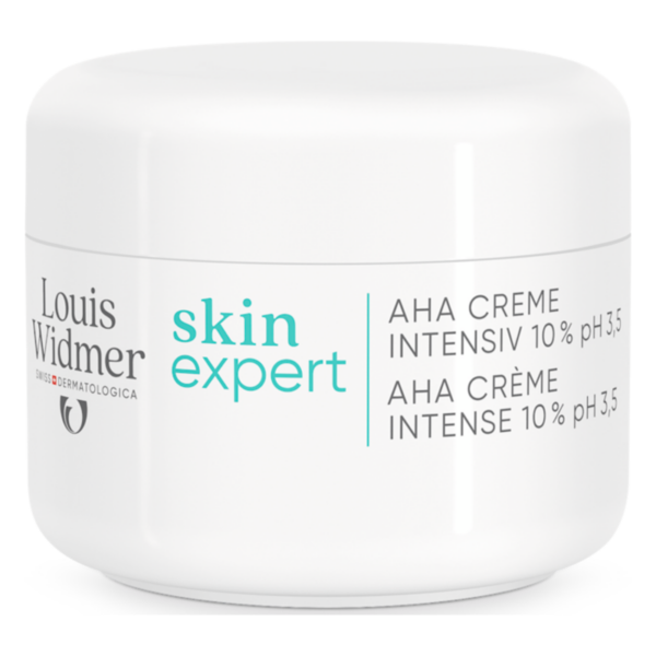 Weißer Cremetiegel mit Deckel, beschriftet mit 'skin expert AHA Crème intensiv 10 % pH 3,5' von Louis Widmer.