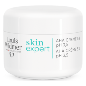 Weißes Tiegel mit AHA Creme 5% und pH 3,5, beschriftet mit "skin expert" von Louis Widmer.