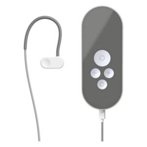 Ein graues Bedienfeld mit vier Tasten und ein Ohrhörer mit grauem Kabel und weißer Stecker.