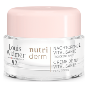 Glasbehälter mit rosa Deckel, enthält Nachtcreme für trockene Haut von Louis Widmer, beschriftet mit "nutri derm".