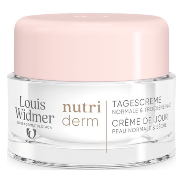 Glasjar mit rosa Deckel, enthält Tagescreme für normale und trockene Haut von Louis Widmer.