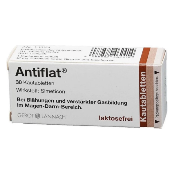 Verpackung des Produkts Antiflat, enthält 30 Kautabletten mit Simeticon gegen Blähungen, laktosefrei.