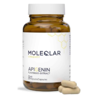 Braunes Glasgefäß mit weißem Deckel, gefüllt mit Kapseln. Etikett zeigt "Molecular Longevity Apigenin Flavonoid-Extract".