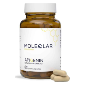 Braunes Glasgefäß mit weißem Deckel, gefüllt mit Kapseln. Etikett zeigt "Molecular Longevity Apigenin Flavonoid-Extract".