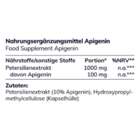 Nahrungsergänzungsmittel Apigenin mit Inhaltsstoffen wie Petersilienextrakt und Apigenin, sowie Zutatenliste.