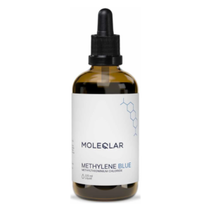 Braune Glaspflasche mit Pipette, enthält Methylblau, 100 ml, mit chemischer Struktur auf dem Etikett.