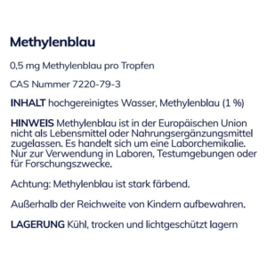 Verpackung für Methylenblau-Lösung mit Inhaltsstoffen, Nutzungshinweisen und Lagerungshinweisen.