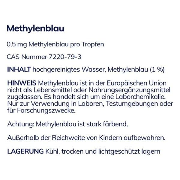Verpackung für Methylenblau-Lösung mit Inhaltsstoffen, Nutzungshinweisen und Lagerungshinweisen.