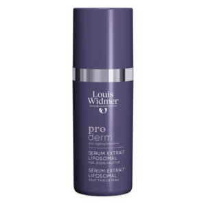 Lila Flasche mit Serum von Louis Widmer, Anti-Aging, für jeden Hauttyp, mit silbernem Deckel.