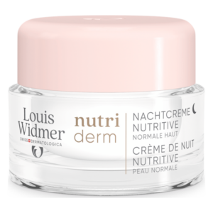 Nachtcreme für normale Haut in einem transparenten Glasbehälter mit pinkem Deckel.