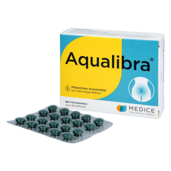 Packung mit Aqualibra Filmtabletten, grüne Tabletten auf einer Blisterverpackung, für pflanzliche Arzneimittel bei Harnwegserkrankungen.
