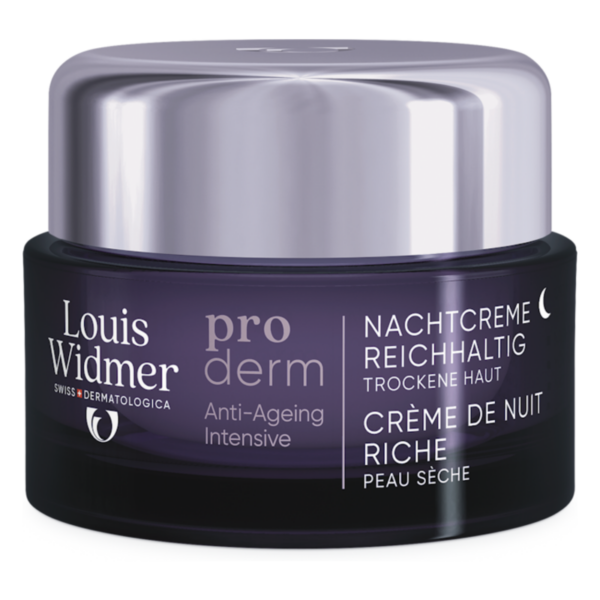 Dunkelviolette Nachcreme in runder, gläserner Verpackung mit silbernem Deckel für trockene Haut.