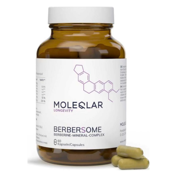 Braune Glasflasche mit einem weißen Deckel, enthält Berberin-Mineral-Komplex-Kapseln, 60 Stück, Etikett mit Informationen.