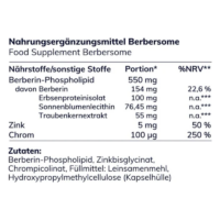 Verpackung eines Nahrungsergänzungsmittels mit Nährstoffangaben, einschließlich Berberin und Zink.