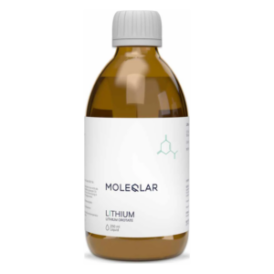 Braune Flasche mit grauem Schraubverschluss, Etikett mit der Aufschrift 'MOLEQLAR LITHIUM LITHIUM OROTAT'.
