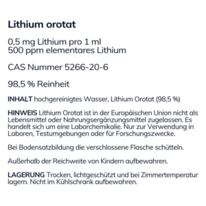 Informationen zu Lithium Orotat: Inhaltsstoffe, Hinweise zur Anwendung und Lagerung, sowie Sicherheitshinweise.