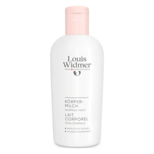 Flasche mit Körpermilch für normale Haut von Louis Widmer, weiß mit pinkem Deckel.