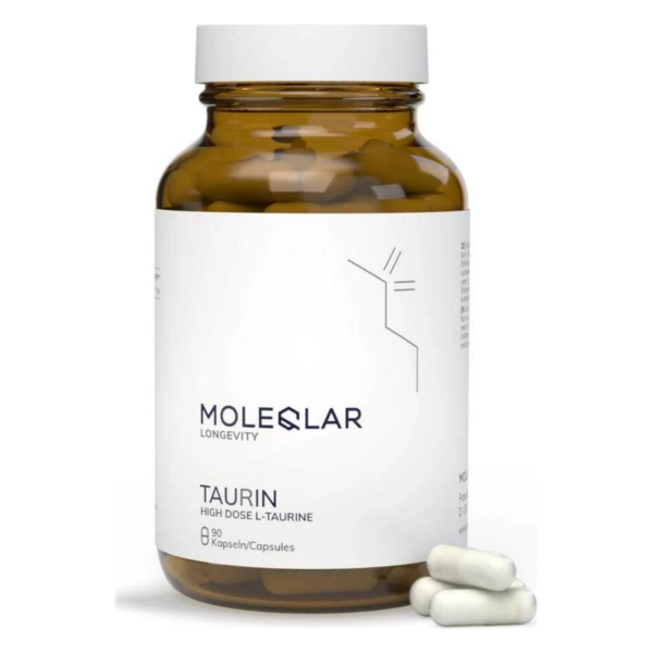 Braunes Glasgefäß mit weißem Deckel und Etikett, das L-Taurin-Kapseln enthält, daneben drei Kapseln.