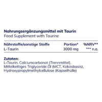Verpackung eines Nahrungsergänzungsmittels mit Taurin, Zutaten und Nährstoffangaben aufgelistet.
