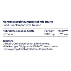 Verpackung eines Nahrungsergänzungsmittels mit Taurin, Zutaten und Nährstoffangaben aufgelistet.