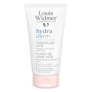 Tubus mit Tagesfluid von Louis Widmer, geeignet für normale, fettige und Mischhaut, mit UV-Schutz.