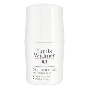 Weißer Roll-On Deo von Louis Widmer, alkoholfrei, mit klarer Beschriftung und runder Kappe.