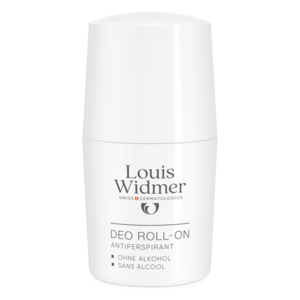 Weißer Roll-On Deo von Louis Widmer, alkoholfrei, mit klarer Beschriftung und runder Kappe.