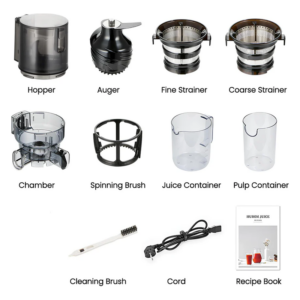 Verschiedene Teile eines Entsafter-Set, darunter Trichter, Schnecken, unterschiedliche Siebe, Kammer, Saftbehälter, Reinigungsbürste und ein Rezeptbuch.