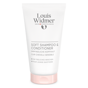 Tube für Soft Shampoo und Conditioner von Louis Widmer, geeignet für empfindliche Kopfhaut, mit rosa Kappe.