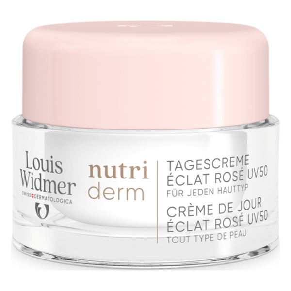 Glasbehälter für Tagescreme mit rosafarbenem Deckel und Beschriftung, geeignet für jeden Hauttyp.