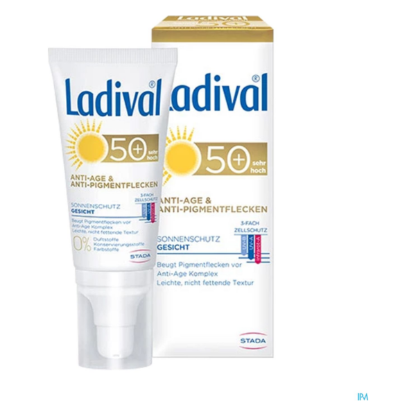 Sonnenschutzcreme für das Gesicht von Ladival mit SPF 50+, in einem praktischen Spender, fördert Anti-Aging und schützt vor Pigmentflecken.