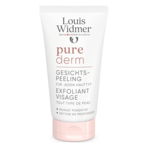 Tube für Gesichtspeeling von Louis Widmer, geeignet für jeden Hauttyp, mit Informationen zur Reinigung.
