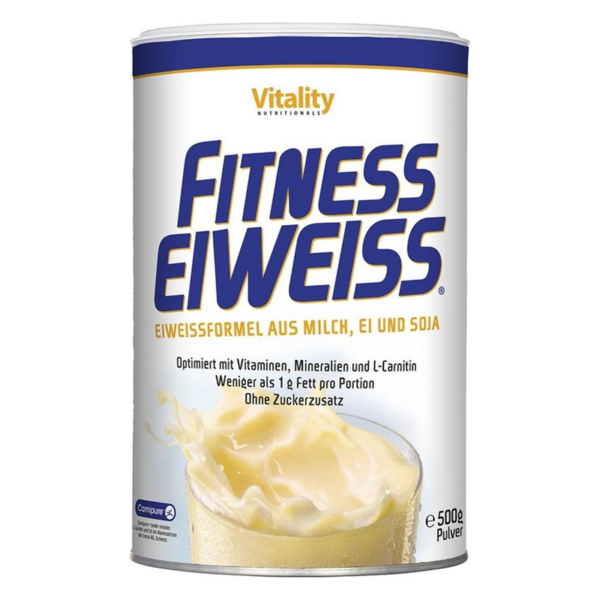 Dose mit Fitness Eiweißpulver aus Milch, Ei und Soja, optimiert mit Vitaminen und Mineralien.