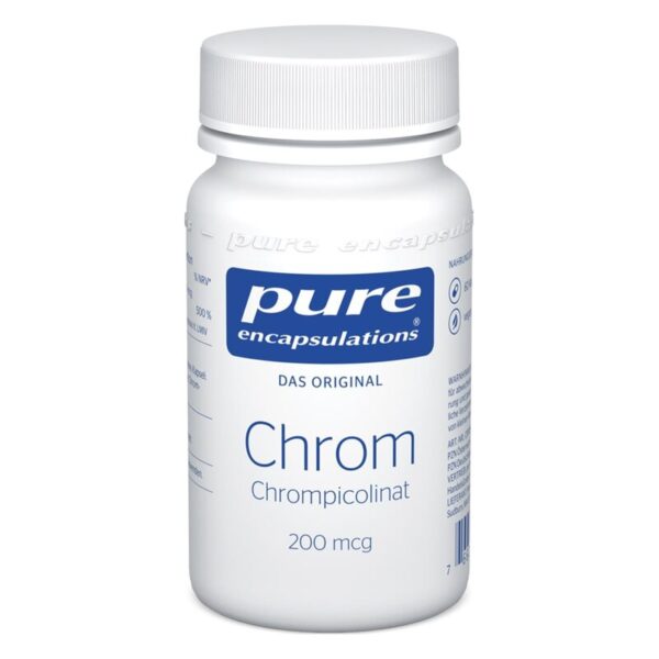 Weißer Flakon mit blauem Etikett, enthält Chrom in Form von Chrompicolinat, angegeben mit 200 mcg.