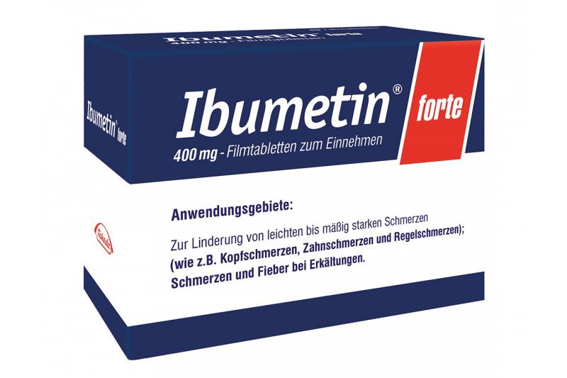 Ibumetin 400mg.jpg Verpackung mit Ibuprofen 400 mg in Filmtabletten, Anwendung: Linderung von leichten bis mäßig starken Schmerzen.
