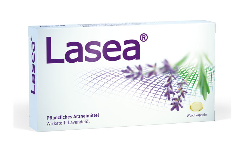 Lasea 2025.png Verpackung von Lasea, einem pflanzlichen Arzneimittel mit Lavendelöl. Weichkapseln in der Box.