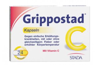 Grippostad Kapseln 24er.jpg Verpackung von Grippostad C Kapseln zur Behandlung von Erkältungen, mit Hinweis auf Vitamin C.
