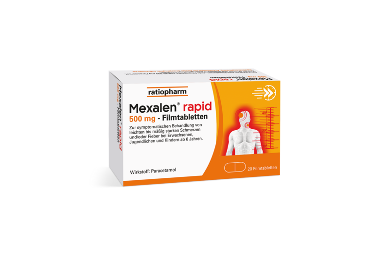 6052601 Mexalen rapid 500mg.png Packung Mexalen rapid 500 mg Filmtabletten zur Behandlung von Schmerzen und Fieber, mit orangefarbenem Design.