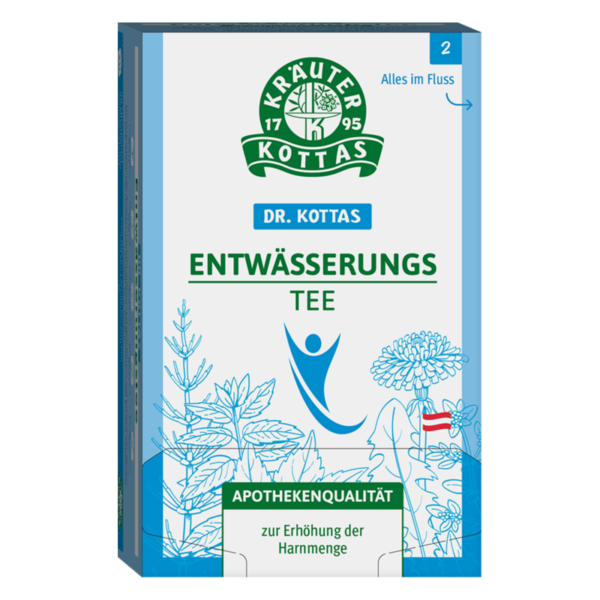 Verpackung von Dr. Kottas Entwässerungstee, apothekenübliche Qualität mit Pflanzenmotiven.