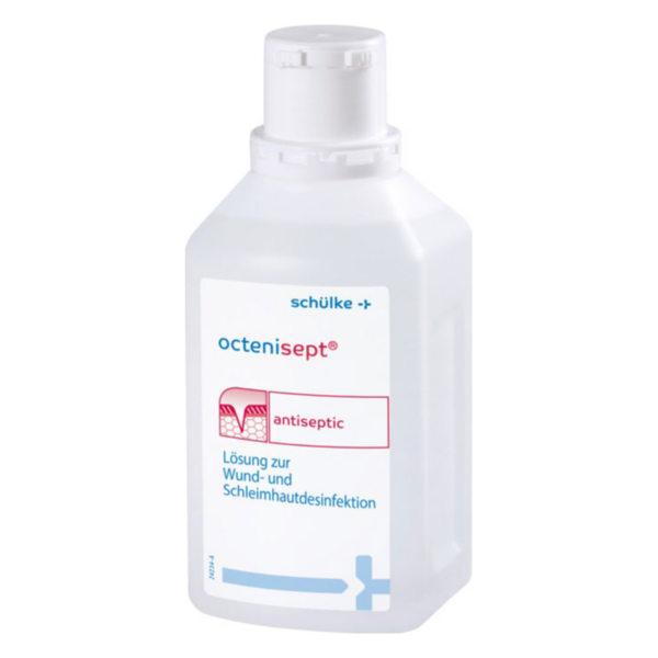 Eine Flasche mit antibakterieller Lösung zur Wund- und Schleimhautdesinfektion, etikettiert mit "octenisept".