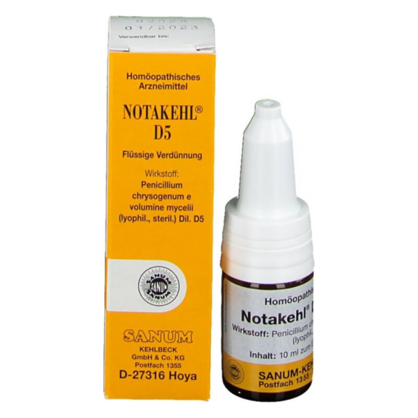 Flasche mit homöopathischem Arzneimittel Notakehl D5 und orangefarbener Verpackung.
