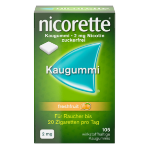 Packung mit Nicorette Kaugummi in fruchtigem Geschmack, 2 mg Nikotin, zuckerfrei, grüne Gestaltung.