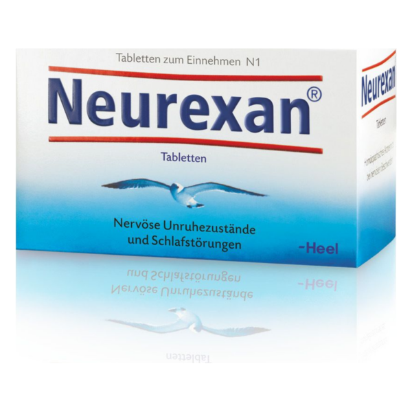 Verpackung der Neurexan Tabletten gegen nervöse Unruhezustände und Schlafstörungen, mit Abbildung einer Möwe.