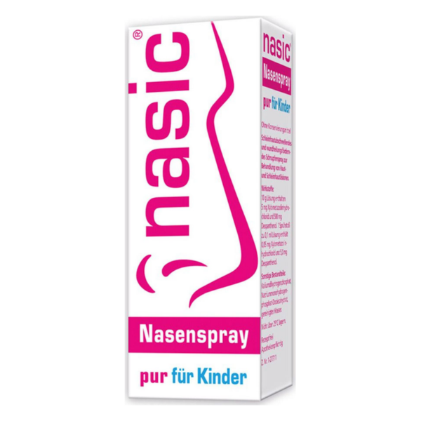 Verpackung eines Nasensprays für Kinder mit pinkem Schriftzug und einer Darstellung der Anwendung.