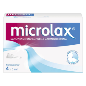 Verpackung von Microlax, einem Produkt zur schnellen und schonenden Darmentleerung, enthält vier Microklistiere à 5 ml.