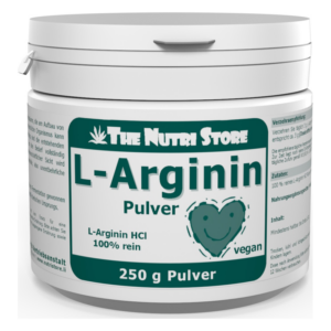 Verpackung für L-Arginin Pulver in einem weißen Behälter mit grünem Etikett, vegan, 250 g.
