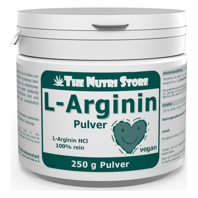 L Arginin HCl 100 rein Pulver 250 g.png Verpackung für L-Arginin Pulver in einem weißen Behälter mit grünem Etikett, vegan, 250 g.