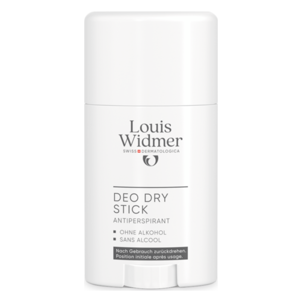 Weißer Antiperspirant-Deodorant Stick von Louis Widmer, ohne Alkohol, mit klarer Beschriftung auf der Verpackung.