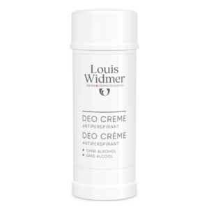 Weiße Deo-Creme von Louis Widmer in einem Stiftformat, ohne Alkohol, mit klarer Beschriftung.