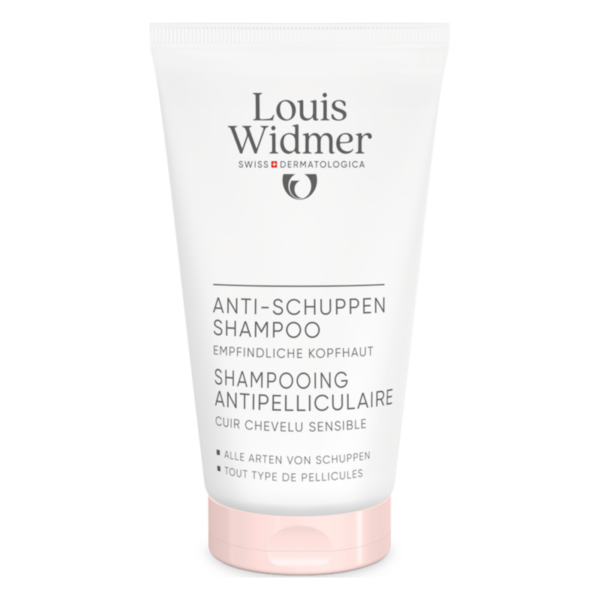 Tube mit Anti-Schuppen-Shampoo von Louis Widmer für empfindliche Kopfhaut in einem schlichten Design mit rosa Akzenten.